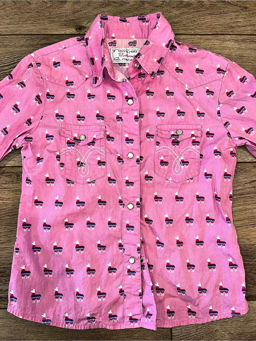 Panhandle Pink llama Girls Pink Printed Pearl snap Size 5